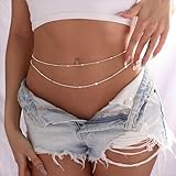 Amicon 2PCS Body Chain for Women Silver Plated Waist Beads Chain Silver Belly Belt Body Chains Waterproof Adjustable Sexy Bikini Beach Body Jewelry Daily Belts Gifts for Women 26.5-33Inch