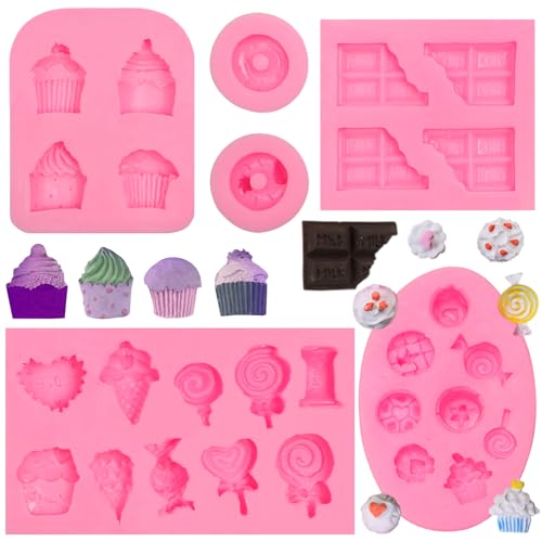 Ice Cream Cones Silicone Molds 6 Pcs, Lollipop Chocolate Fondant Mold for Polymer Clay Crafts Candy Cupcake Topper, Candles Cake Decoration