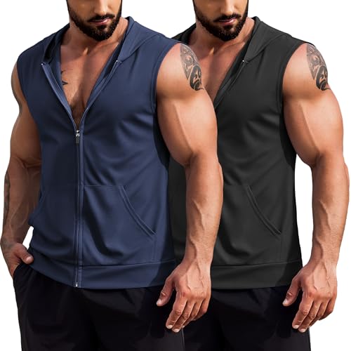 COOFANDY Gym Hoodies for Men Sleeveless Muscle Cut Off T Shirt Hooded Tank Top Men Pack Summer Tanks Black and Navy Blue L