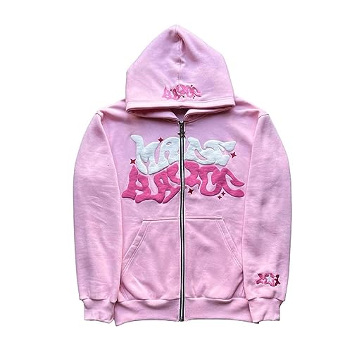 ZENMANCHEN Y2k Hoodies Puff Print Hoodie Grunge Graphic Zip Up Hoodies Y2k Jacket Hip Hop Streetwear Aesthetic Sweatshirts (US, Alpha, X-Large, Regular, Regular, 1-pink)