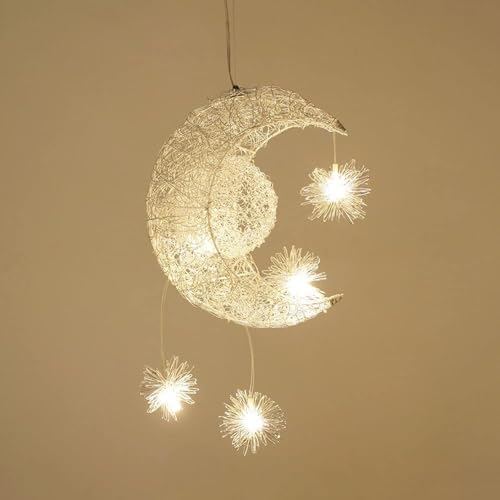 Modern Fairy Chandelier Moon and Star LED Pendant Light, Suspension Lighting Kit Children Bedroom Hanging Chandeliers, Creativity Silver Drop Ceiling lamp, Dia-40cm