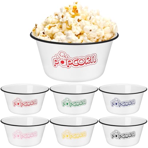Maxdot Set of 6 Enamelware Popcorn Bowl 1.2 Quart Reusable Popcorn Serving Bowls Buckets Containers for Family Cinema Nights and Camping Party Shatterproof Classic White with Black Rim