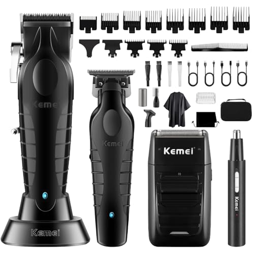 KEMEI Professional Hair Clippers for Men, Cordless Barber Clipper Beard Trimmer Foil Shaver Nose Eyebrow Ear Trimmer Set, USB Charging Complete Electric Hair Cutting Kit with 11 Guide Combs