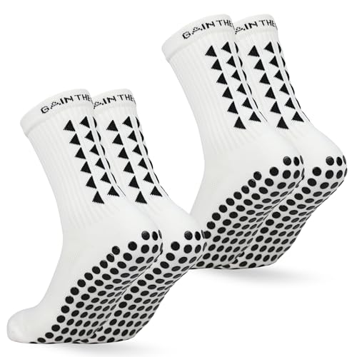 Gain The Edge Soccer Grip Socks - 2pc Set - Medium - White - Grip Soccer Socks - Anti-Slip - For Men, Kids, Boys, Girls Unisex
