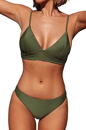 Cupshe Fashion Women's Solid Color Sexy Triangle Bikini Set Padded Swimsuit Beach Swimwear ,Army Green,Large