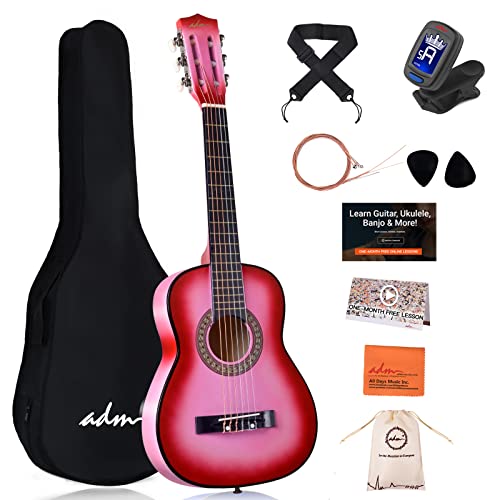 ADM Beginner Acoustic Classical Guitar 30 Inch Nylon Strings Wooden Guitar Bundle Kit for Kid Boy Girl Student Youth Guitarra Online Lessons with Gig Bag, Strap, Tuner, Extra Strings, Picks,Pink 1