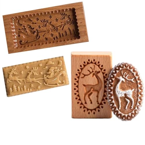 Wooden Cookie Mold Christmas Wooden Baking Mold- Santa Claus Deer Sled Shape Cake Fondant Press Stamp Embosser Cutter Cake Decor Christmas Carved Kitchen gadgets (Deer & Sled)