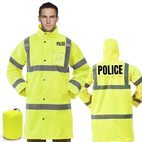 AYKRM 4XL POLICE high vis Reflective Rain Jacket police big and tall Hi Vis Rain Suit Waterproof Long Rain Coats POLICE Safety Rain Gear