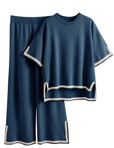 Tanming Sweater Sets Women 2 Piece Lounge Sets Short Sleeve Knit Pullover Tops Wide Leg Pants (Navy-L)