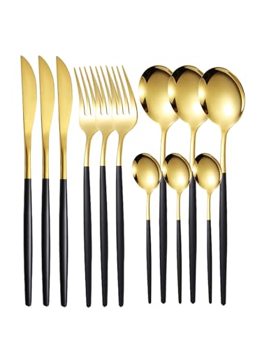 HLOVEL 12pc Thin stainless steel cutlery set Portugal steak knife and fork dessert spoon coffee spoon gold black, 3SgFTceO-goldblack