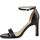 TEAIEUI Black Heels for Women Round Toe Heeled Sandals Chunky High Heels with Ankle Strap Heels for Women Dressy Block Heels 8