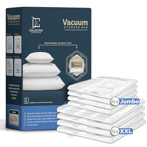 8 pack XXL Jumbo Vacuum Storage Bags - Vacuum Seal Bags for Clothing, Bedding, Blankets - Comforter and Pillow Storage – Space Saver Bags for Storage and Moving - 4XXL (47x35in) + 4Jumbo (39.5x31.5in)