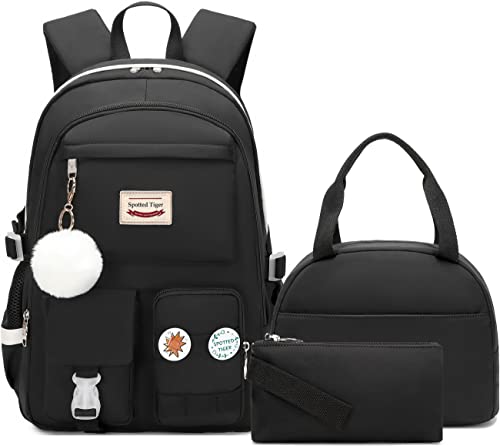 Spotted Tiger School Backpack for Girls Backpack with Lunch Box Anime Bookbag Set School Bag Kawaii Backpacks for Girls Teens (Black)