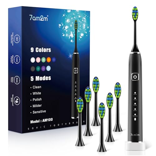 7AM2M Sonic Electric Toothbrush with 6 Brush Heads for Adults&Kids, One Charge for 120 Days, Wireless Fast Charge, 5 Modes, 40000VPM Powered Toothbrush, 2 Minutes Built in Smart Timer (Black)