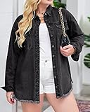 Vetinee Oversized Boyfriend Denim Jean Jacket for Women - Black, Front Button, Raw Hem, Long Sleeve, Pockets - Size 16, 18