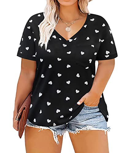 TIYOMI Plus Size Tops for Women Short Sleeve V Neck Front Pocket T-Shirt Hearts Print Heart Pattern Tshirt Holiday Cute Summer Basic Casual Loose Fit Tee Black White 2XL 18 20 US