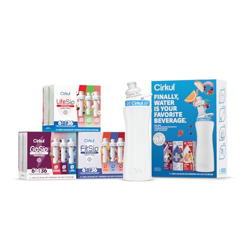 Cirkul 22oz Big Game Bundle - Stainless Steel Water Bottle Starter Kit w/ Lid & 21 Flavor Cartridges (LifeSip, GoSip & FitSip)