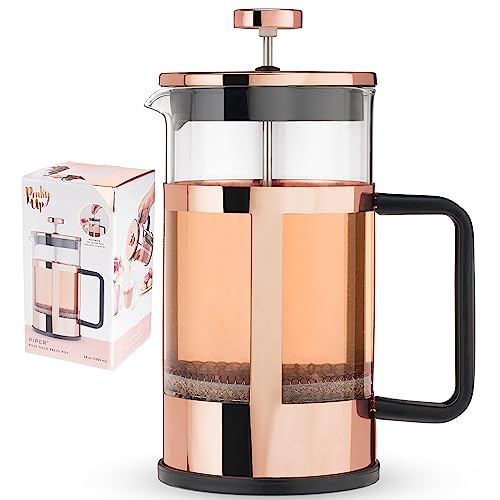 Pinky Up Piper Tea Press Pot, Coffee Maker, French Press for Loose Leaf Tea and Coffee, Hot or Iced Beverage Brewer, 34 oz, Rose Gold