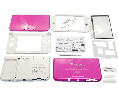 Pink Color New 3DSXL Extra Housing Case Shells Complete Set Replacement, for New 3DS New3DS XL LL 3DSLL New3DSXL Console, Rose Red Outer Enclosure + Screws, Buttons, Screen Protector, Stylus