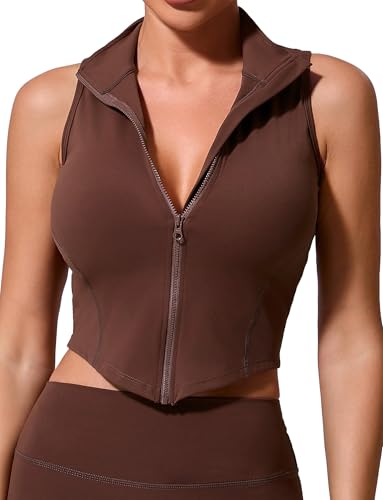 Women's Full Zip Running Shirt Sleeveless Workout Tank Tops Curve Hem Basic Top Tees Slim Fit Seamless Crop Sweatshirt Training Yoga Fitness Athletic Vest Brown