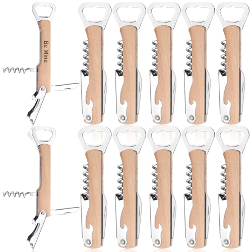 Yoande 12 Pcs Wooden Wine Bottle Opener Groomsmen Wedding Party Gifts 4 in 1 Wine Corkscrew with Foil Cutter Blank DIY Engraving Wood Can Opener for Bachelor Wedding Party Favors