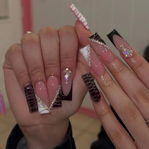 IMRAIN Press on Nails Long Square Fake Nails Black White Serpentine Pattern French Tips False Nails with Rhinestone Designs Glossy Glue on Nails Acrylic Full Cover Artificial Nails 24Pcs