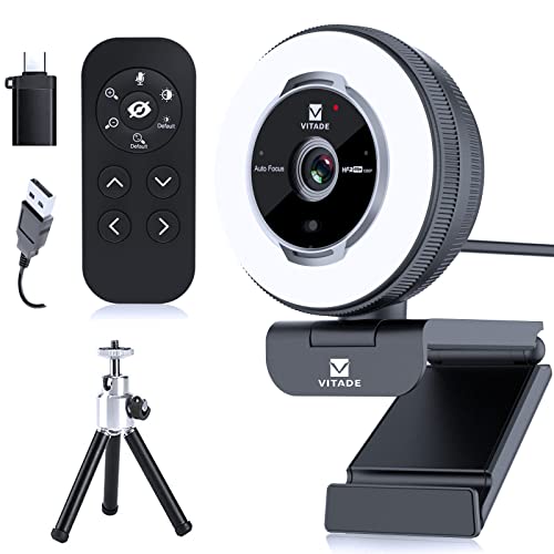 VITADE Zoomable Webcam with Remote Control, 1080P 60FPS Streaming Webcam with Adjustable Ring Light and Tripod, Pro USB 5X Digital Zoom Webcam for Zoom/Skype Teams/Laptop/Mac Windows