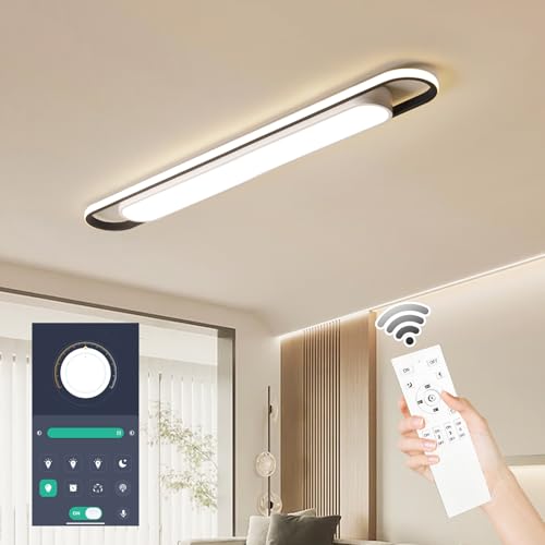 4Ft Modern Smart LED Linear Ceiling Lights Dimmable LED Ceiling Lamp with Remote Control,65W Metal/Acrylic Flush Mount Ceiling Lighting Fixtures for Kitchen Living Room Kitchen Dining Room (48")