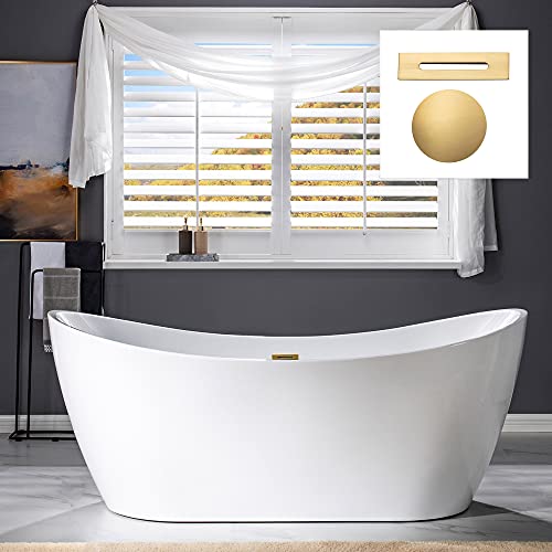 WOODBRIDGE 71" Acrylic Freestanding Bathtub Contemporary Soaking White Tub with Brushed Gold Overflow and Drain,B0017-BG