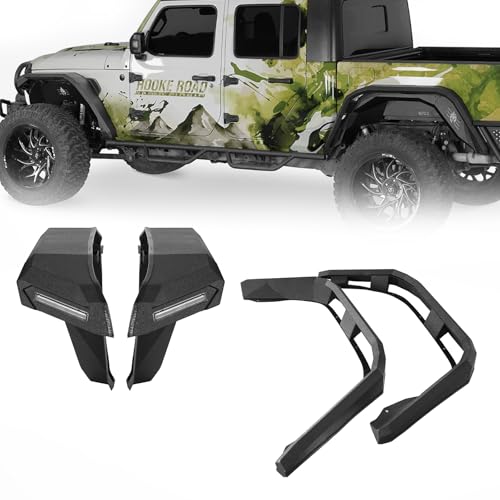 Hooke Road Gladiator JT Flat Front & Rear Fender Flares Kit, Offroad Wheel Fenders w/LED Turn Signal Lights for Jeep Gladiator JT 2020 2021 2022 2023 2024 2025 Pickup Trucks - 4PCS