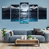 5 Parts Wall Art Moon Sea Ocean Landscape Picture Canvas Wall Art Print Paintings Modern Artwork for Living Room Wall Decor and Home Décor Framed Ready to Hang,1inch Thick Frame, Waterproof Artwork