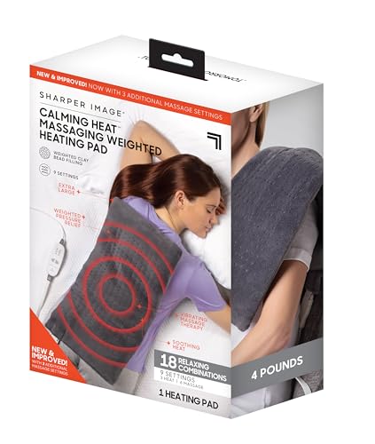 Calming Heat Massaging Weighted Heating Pad by Sharper Image- Weighted Electric Heating Pad with Massaging Vibrations, 9 Settings- 3 Heat, 6 Massage- 18 Relaxing Combinations, 12” x 24”, 4 lbs