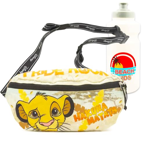 Lion King Fanny Pack for Kids - Bundle with Disney Belt Bag with Dual Zippers Featuring Simba, Timon, Pumbaa Plus Water Bottle | Lion King Waist Bag for Kids
