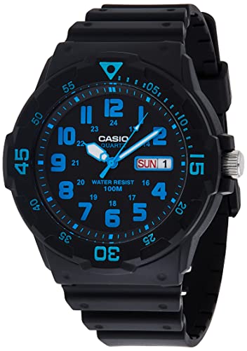 Casio MRW200H Series | Unisex Analog Watch | Black/Blue| 100M WR | Stainless Steel Case | Resin Band | 2 Hand Analog (HR, Min, SEC) | Date Display | Screw Down Crown/Screw Down Caseback | 3 Year Batt