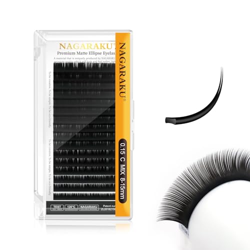 NAGARAKU Double Tips Ellipse Eyelash Extensions Lighter Thinner Flat Split Tips Individual Lash 0.15mm C curl 8-15mm Mix Tray Matte Black Faux Mink Classic False Lash Supplies 16 Rows