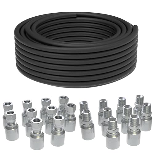 100 Ft 3/8 inch Hydraulic Hose with 20PCS 3/8" JIC 37° Female & NPTF Male Hydraulic Hose Fittings, Hydraulic Oil Flexible Hose -20℃ to 140℃ Coiled W.P.7685PSI