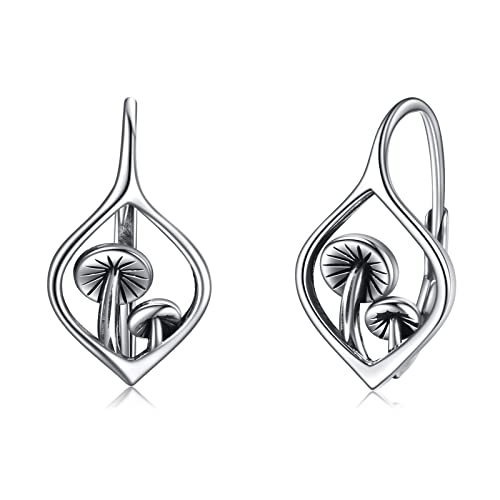 TIGER RIDER Mushroom Hoop Earrings 925 Sterling Silver Mushroom Jewelry for Women Birthday Christmas Gift (Leverback Black)