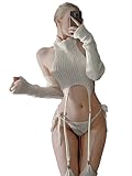 paloli Women's White Knit Sweater Lingerie Set Halter Crop Top with Garter Design, Sexy Cosplay Outfit