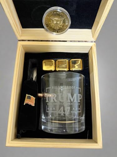 Limited Edition Trump Bullet Whiskey Glass Single Set- Unique Trump 47" Bulletproof Rocks Glass Set with Gold Stainless Steel Ice Cubes
