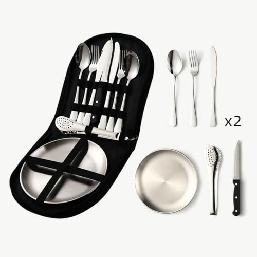 Aaspad Picnic Cutlery Kit with Portable Case Camping Essentials Silverware Set Travel Utensils Outdoor Tableware Stainless Steel Flatware with Forks,Spoons,Serrated Knife,Food Clip,Plates (Sliver)