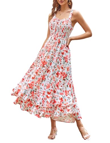 GRACE KARIN Women's 2025 Summer Floral Boho Dress Square Neck Strapped Swing A Line Sundress Beach Long Maxi OutfitsPink Floral XL