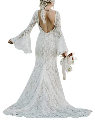 Women's Lace Boho Wedding Dresses for Bride 2022 with Long Sleeves Bohemian Beach Mermaid Bridal Gowns Ivory US20