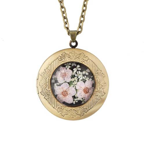 Handmade Oval Shaped Photo Locket with dried Pressed Flowers Locket pendant Necklace (Round Pink Forget Me Not)