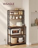 VASAGLE Bakers Rack with Power Outlet, 31.5 Inches Coffee Bar for Kitchen with Storage, 6-Tier Kitchen Shelves with 6 Hooks, Microwave Stand, Rustic Brown and Black UKKS119K01