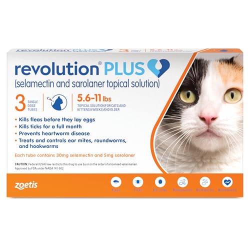 Revolution Plus (selamectin and sarolaner Topical Solution) for Cats, 5.6-11 lbs (Orange), 3 Tubes