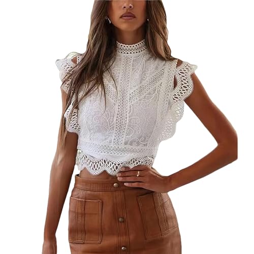 aromm Women's Hollowed Lace Blouse Soft Sleeveless Ruffle Trim Elegant Summer Shirt Tops White, XS