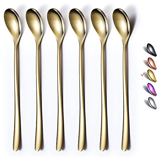 Gold Long Handle Coffee Spoons, Premium Stainless Steel Stirrers for Ice Tea, Ice Cream, Cocktails - Set of 6