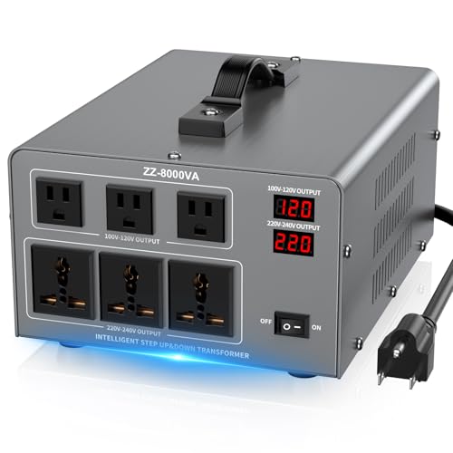 8000W Voltage Auto Converter Transformer, Heavy Duty Step Up/Down Power Converter 110/120/220/240V with 3 US Outlets,3 Universal Outlets,LED Display,w/US Standard Power Cord Circuit Breaker Protection