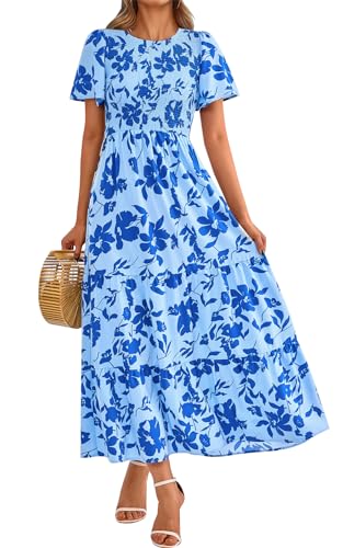 PRETTYGARDEN Crewneck Smocked Top Spring Dresses for Women 2025 Floral Short Sleeve Easter Dress for Women Maxi Long Dress (Blue Flower, Medium)