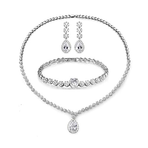 Hadskiss Jewelry Set for Women, White Gold Plated Wedding Party Jewelry for Bridal Bridesmaid, Necklace Dangle Earrings Set with White AAA Cubic Zirconia